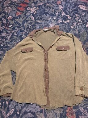 Olive Green Button-Up Shacket Waffle Knit Shirt